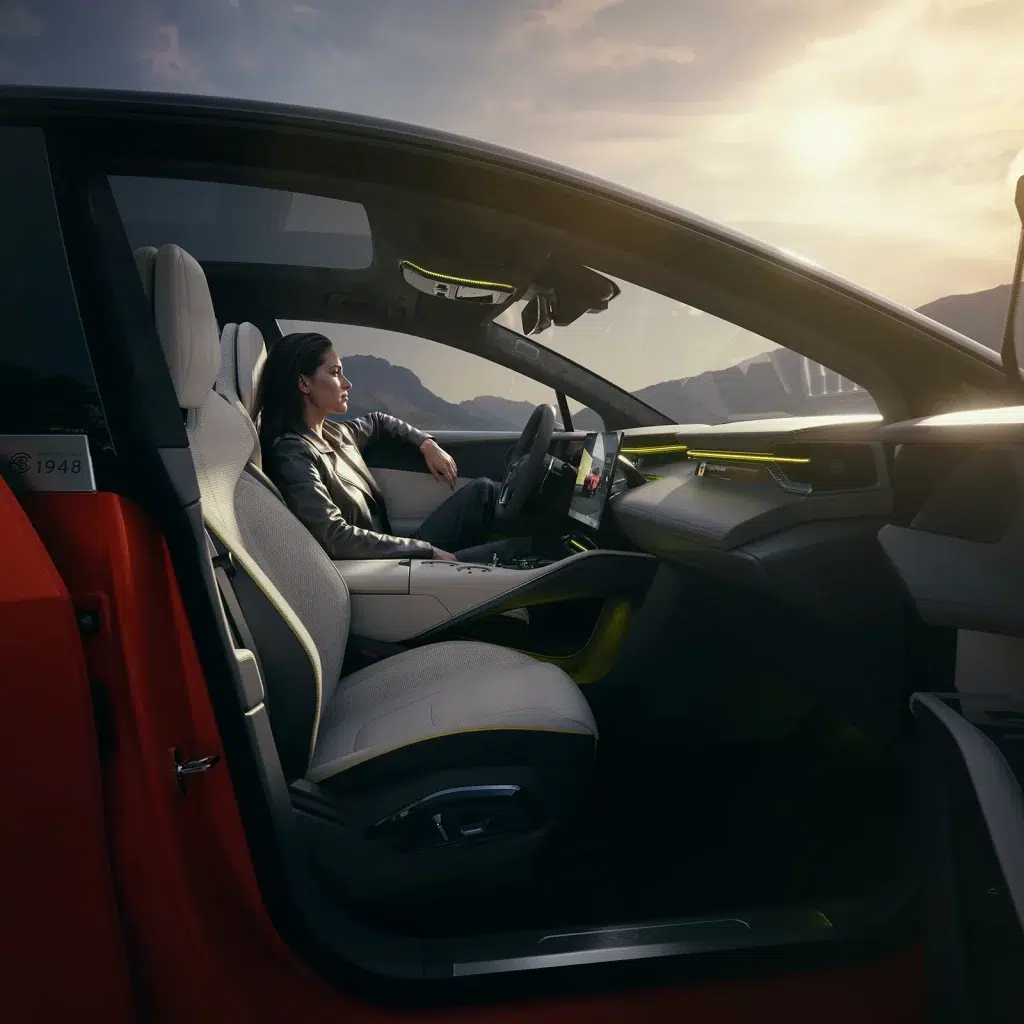 Modernes Interieur des Lotus Eletre mit einer Frau auf dem Fahrersitz vor einer Gebirgskulisse bei Sonnenuntergang.